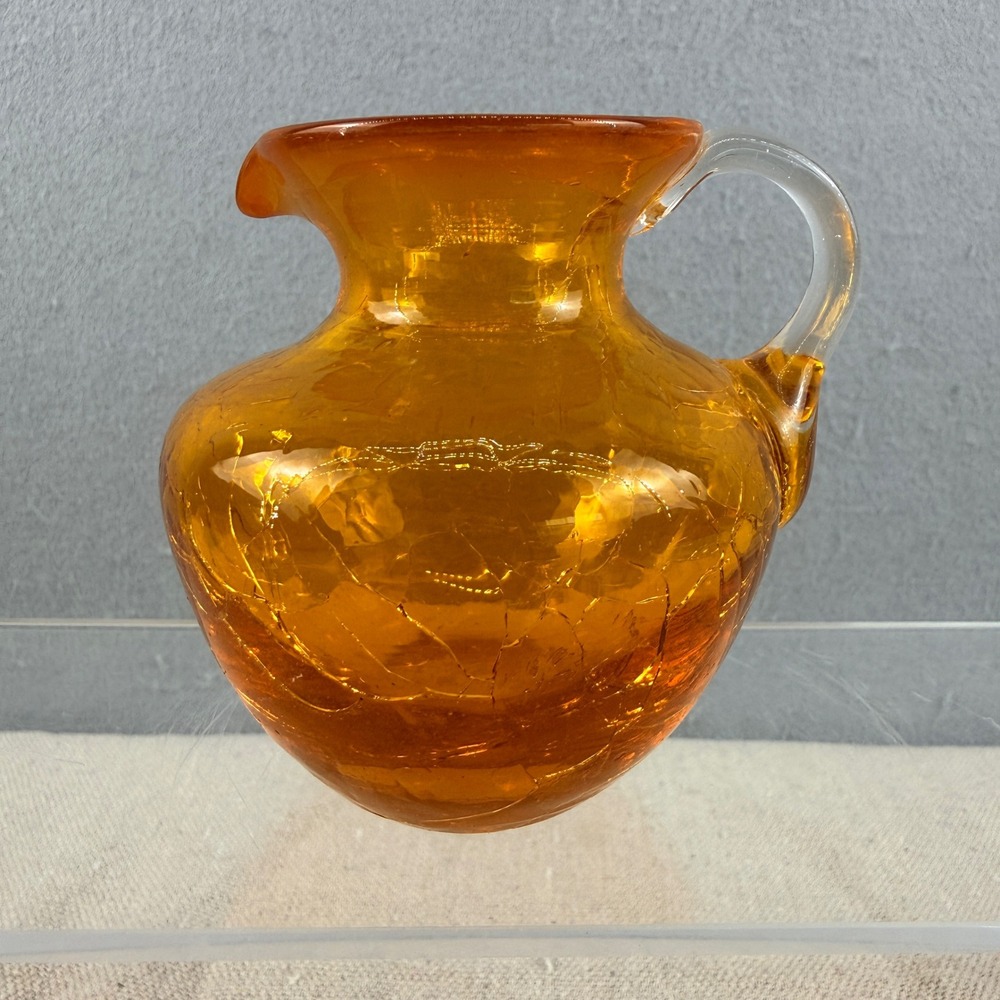 Vintage Amber Crackle Glass Mini Pitcher 3 Inch Hand Blown Decorative Vase